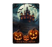 Murciélago Calabaza Halloween Bajo La Luna Llena, Seamos Locos Juntos Carteles De Pared De Metal Decoración Cartel De Chapa Retro Metal Cartel para Hogar Salón Taller
