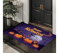 Murciélagos Pueblo Felpudos Para Interiores, Tapete de Puerta Púrpura para Halloween, Felpudo Cielo Nocturno Calabaza Antideslizante De Perfil Bajo Para Entrada Cocina Mascotas Perros 60 x 90 cm