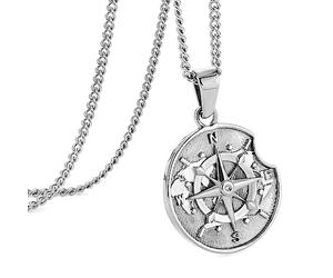 murtoo Collar de brújula para hombre, de acero inoxidable, collar de plata y oro, grabado 3D, brújula con mapa del mundo, regalos para hombres y mujeres, unisex, 20"+2", Acero inoxidable, Sin piedra