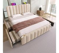 MURUL Cama tapizada, 140 x 200 cm, lino beige con rayas doradas, USB-C, 4 cajones, soporta hasta 181 kg, incluye colchón