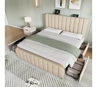MURUL Cama tapizada, 160 x 200 cm, lino beige con rayas doradas, USB-C, 4 cajones, capacidad de carga de 200 kg, incluye colchón