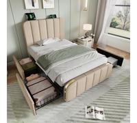 MURUL Cama tapizada, 90 x 200 cm, lino beige con rayas doradas, USB-C, 4 cajones, incluye colchón