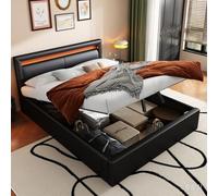 MURUL Cama tapizada, cama LED, 140 × 190 cm, con somier y espacio de almacenamiento, cabecero y piel sintética, con cabecero iluminado (negro)