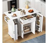 MURUL Isla de cocina 120 x 45 x 95 cm, encimera plegable, 4 puertas y 1 cajón, estantes para especias en puertas, toallero, ruedas, color blanco