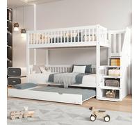 MURUL Litera con cama abatible, 90 x 200/190 cm, cuna con armario de escalera y pasamanos, pino y MDF, con barrera anticaídas en todos los lados, color blanco