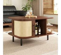 MURUL Mesa de centro, forma curvada, superficie trenzada, cuerpo de MDF, asas metálicas, patas de metal, espacio de almacenamiento, mesa auxiliar, nogal