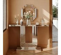 MURUL Mesa de espejo moderna de 120 cm, elegante mesa consola con aspecto plateado, base estable en forma de U, resistente a los arañazos, fácil de limpiar, para iluminar la habitación