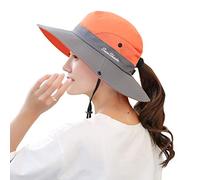 Muryobao Sombrero de Cola de Caballo para Mujer, Sombrero de Verano con protección UV, Sombrero Plegable de ala Ancha, Sombreros Boonie para Playa Safari Pesca, Naranja, Talla única