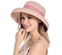 Muryobao, Sombrero de paja de verano para mujer, con protección UV, para viajes, plegable, estilo vintage, para playa y pesca, Rosa, Talla única