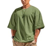 Muscle Alive Hombres Básico Manga Corta Gofre Sudaderas Camisa de Entrenamiento Ajuste Holgado Ejercicio Pull-Over Camisa de Cuello Redondo Verde Oliva M