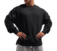 Muscle Alive Hombres Básico Manga Larga Gofre Sudaderas Camisa de Entrenamiento Ajuste Holgado Ejercicio Pull-Over Camisa de Cuello Redondo Color Negro XXL