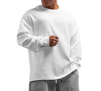 Muscle Alive Hombres Básico Manga Larga Gofre Sudaderas Camisa de Entrenamiento Ajuste Holgado Ejercicio Pull-Over Camisa de Cuello Redondo Blanco L