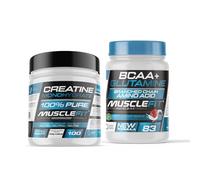 MuscleFit Pack Creatina Monohidrato Micronizada Neutra 300g + Aminoácidos Ramificados BCAA y Glutamina Kyowa Sabor Piruleta 500g | Suplemento en Polvo de Disolución Rápida