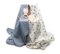 Muselinas Bebe Algodon | Regalos para Bebes Recien Nacidos | 2 Muselinas + Mordedor y Chupetero | Ecológico y Orgánico (Gris) | BebeDeParis