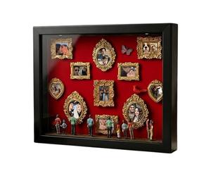 Museo en miniatura de Silhouette Box - Kit de exhibición de recuerdos con luz LED, 10 mini marcos de fotos y 8 figuras, marco de madera para paraguas para parejas, familiares y amigos, paquete