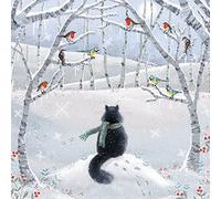 Museums & Galleries Paquete de 8 tarjetas navideñas artísticas benéficas - «Festive Friends» - Gato, petirrojos y tetas azules en la nieve, multicolor, 160 x 160 mm