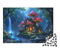 Mushroom House Fantasy Resistente 1000 Piezas Rompecabezas para Adultos Acogedora Cabaña de Seta Mágica Junto a Cascada Brillante Vibrante Desafiante Alivio Estrés Juego 38x26cm/1000pcs