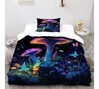 Mushroom Mariposa Funda Nordica Algodon 2 Piezas 3D Impresa Dreamy Forest Fungi con Cremallera Y Funda De Almohada Single（135x200cm） Microfibra Ropa De Cama para Niñosy Hombres
