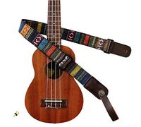 MUSIC FIRST Correa de hombro para ukelele de estilo rústico clásico con tela teñida de hilo suave y piel auténtica, versión 2.0 con un casillero de correa de piel auténtica