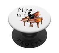 Music is Life - Figura decorativa de gato sobre piano PopSockets PopGrip Adhesivo