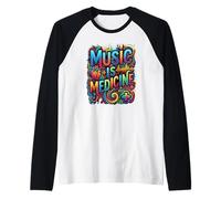Music Is Medicine Colorido Soundwave Heart Design Camiseta Manga Raglan