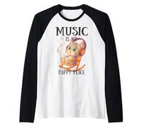Music Is My Happy Place Cute Kawaii Cat Auricular Cozy Music Camiseta Manga Raglan