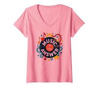 Music is The Answer Retro Vinilo Art Poster Camiseta Cuello V, Mujer, Rosado, XXL