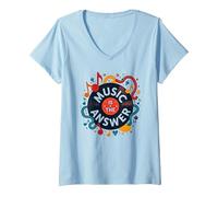 Music is The Answer Retro Vinyl Art Poster Camiseta Cuello V, Mujer, Azul Bebé, M