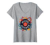 Music is The Answer Retro Vinyl Art Poster Camiseta Cuello V, Mujer, Gris Jaspeado, L
