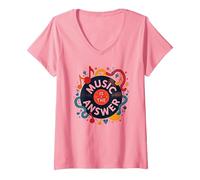 Music is The Answer Retro Vinyl Art Poster Camiseta Cuello V, Mujer, Rosado, S