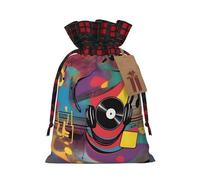 Music Vibes - Bolsa de yute con cordón con tela a cuadros y etiqueta de papel kraft, bolsa ligera y duradera