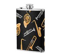 Música para saxofón y trombón en negro,Frasco de acero inoxidable 304 de 8 oz con funda de cuero sintético, frasco de bolsillo para licor plano para exteriores