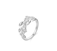 Musihy Anillo de oro blanco para mujer, diseño de hojas simples con diamantes de laboratorio pequeños, Metal, Sin piedras preciosas Diamante de laboratorio Sin piedras preciosas