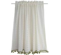 Musihy Cortina corta para ventana para puerta, 1 unidad con bolsillo para barra, filtro de luz, para baño, lavabo, armario, bordado, con pompones, beige y verde, 116 x 140 cm