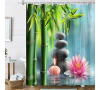 Musihy Cortina de ducha de poliéster con ganchos de plástico, 165 x 180 cm, plantas, piedra, lirio de agua, color verde, rosa y gris