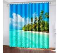 Musihy Cortinas de dormitorio, 101,6 x 183,8 cm, diseño de árboles de coco junto al mar, juego de 2 paneles con aislamiento térmico y ojales en la parte superior para sala de estar, azul y verde