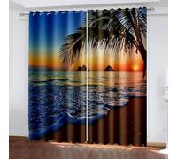 Musihy Cortinas de granja para oscurecer la habitación, 96 x 137 cm, hojas de palmera de playa, puesta de sol, paisaje, cortinas de oscurecimiento de habitación para ventana de sala de estar, azul