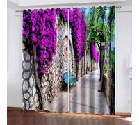Musihy Cortinas opacas para dormitorio, 101 x 213 cm, flores, árboles, pared de piedra y camino, cortinas de bloqueo de luz, aislamiento térmico, cortinas para sala de estar, 2 paneles, morado, verde