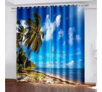 Musihy Cortinas opacas para dormitorio, 101 x 244 cm, diseño de árboles de coco junto al mar, 2 paneles para dormitorio, sala de estar, azul, verde y marrón