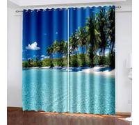 Musihy Cortinas opacas térmicas con ojales en la parte superior, 101 x 213 cm, diseño de árboles de coco junto al mar, cortinas con aislamiento térmico, juego de 2 paneles para dormitorio, color azul