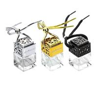 MUSISALY 3piezas Botella De Perfume De Vidrio Hueca Para Colgar Coche Con Diseño Cuadrado y Colores Dorado Plata y Negro Para Aceites Esenciales y Ambientadores Automovilísticos