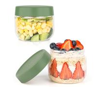 Musiwanna Juego de 2 tarros de cristal redondos con tapa, 300 ml, apilables, tarros pequeños Overnight Oats, tarros para cereales, gachas, yogur, pudín de chia, especias, mermelada (verde)