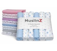 Muslinz 6pk bebé Muslin Cuadrados Burp paños 100% algodón Suave Puro 70x70cm (Estrellas Rosas) (Estrellas Azules)