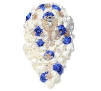 MusQiYu Ramo de novia en forma de cascada con rosas de satén blanco marfil con diamantes de imitación y cinta de perlas de cristal para fotografía de boda al aire libre, marfil, azul rey
