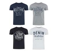 Mustang - Camiseta de Manga Corta para Hombre, Paquete de 4 Unidades, con Estampado Frontal, Cuello Redondo, Corte Normal, 100% algodón, M