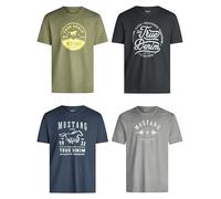 MUSTANG Camiseta para hombre de algodón de corte regular, juego de 4 unidades, cuello redondo, manga corta, verano, camiseta con logotipo, negro, blanco, gris, azul, verde, S, M, L, XL, XXL, 3XL, 4XL