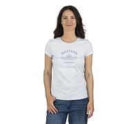 MUSTANG Camiseta para mujer, cuello redondo, cuello redondo, corte entallado, manga corta, logotipo impreso, 100% algodón, blanco, azul, verde, rojo, S, M, L, XL, XXL, Azul Claro (1014031-5022), S
