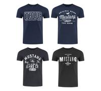 Mustang Hombre 4er Pack Camiseta Impresión Cuello Redondo Corto Azul Negro Gris