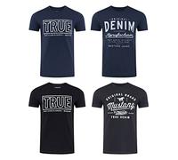Mustang - Juego de 4 camisetas para hombre con estampado frontal y cuello redondo, mezcla de colores azul y negro Mezcla de colores (P16).