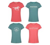 Mustang Mujer Camiseta 4er Paquete Redondo Básico Delgado Manga Corta Estampada